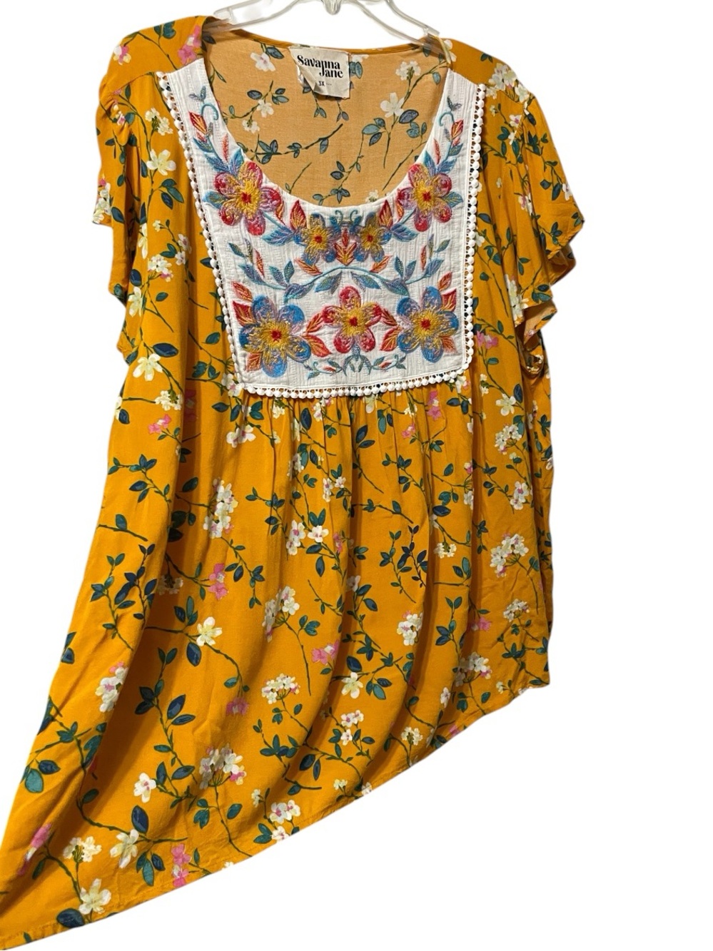 Savanna Jane Mustard Yellow Floral Embroidered Pom Pom Peasant Top Boho Sz 3X